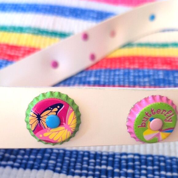 Vintage White‎ Leather & Bottle Cap Colorful Butterfly Belt Y2K main image 5